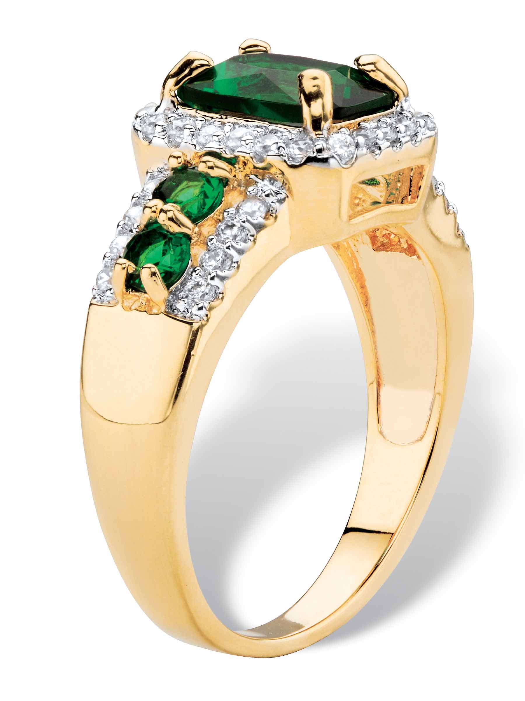 PalmBeach Jewelry Emerald-Cut Simulated Green Emerald or Red Ruby and Cubic Zirconia Halo Cocktail Ring Yellow Gold-Plated