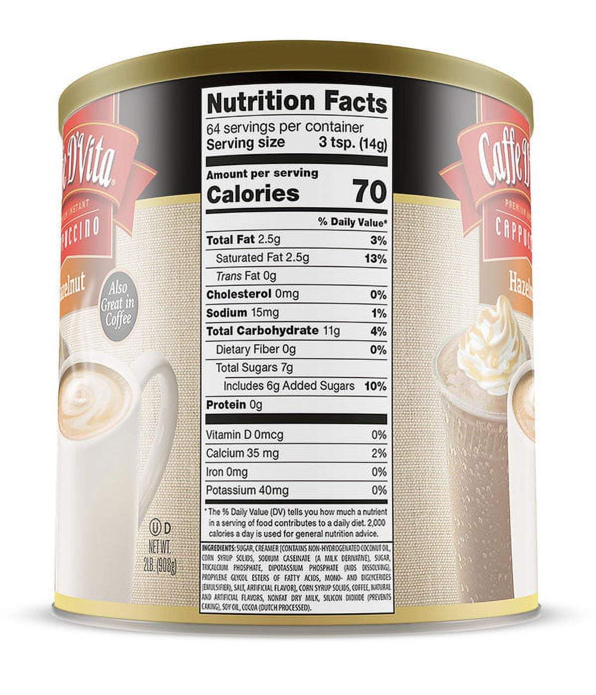 (4 Pack) Caffe D'Vita Hazelnut Cappuccino Mix, 2lb canisters