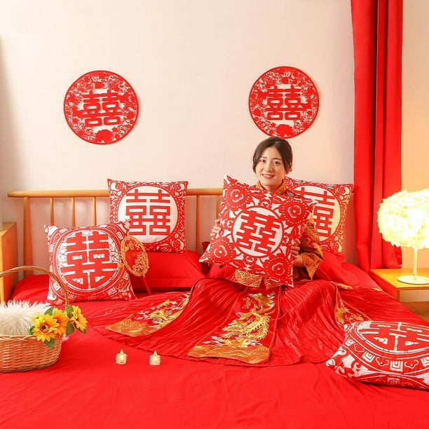 45cm x 45cm Plush Pillowcase Chinese Character Pattern Cushion Cover Festive Chinese Wedding Bed Square Pillow Cover Home Decor Walmart