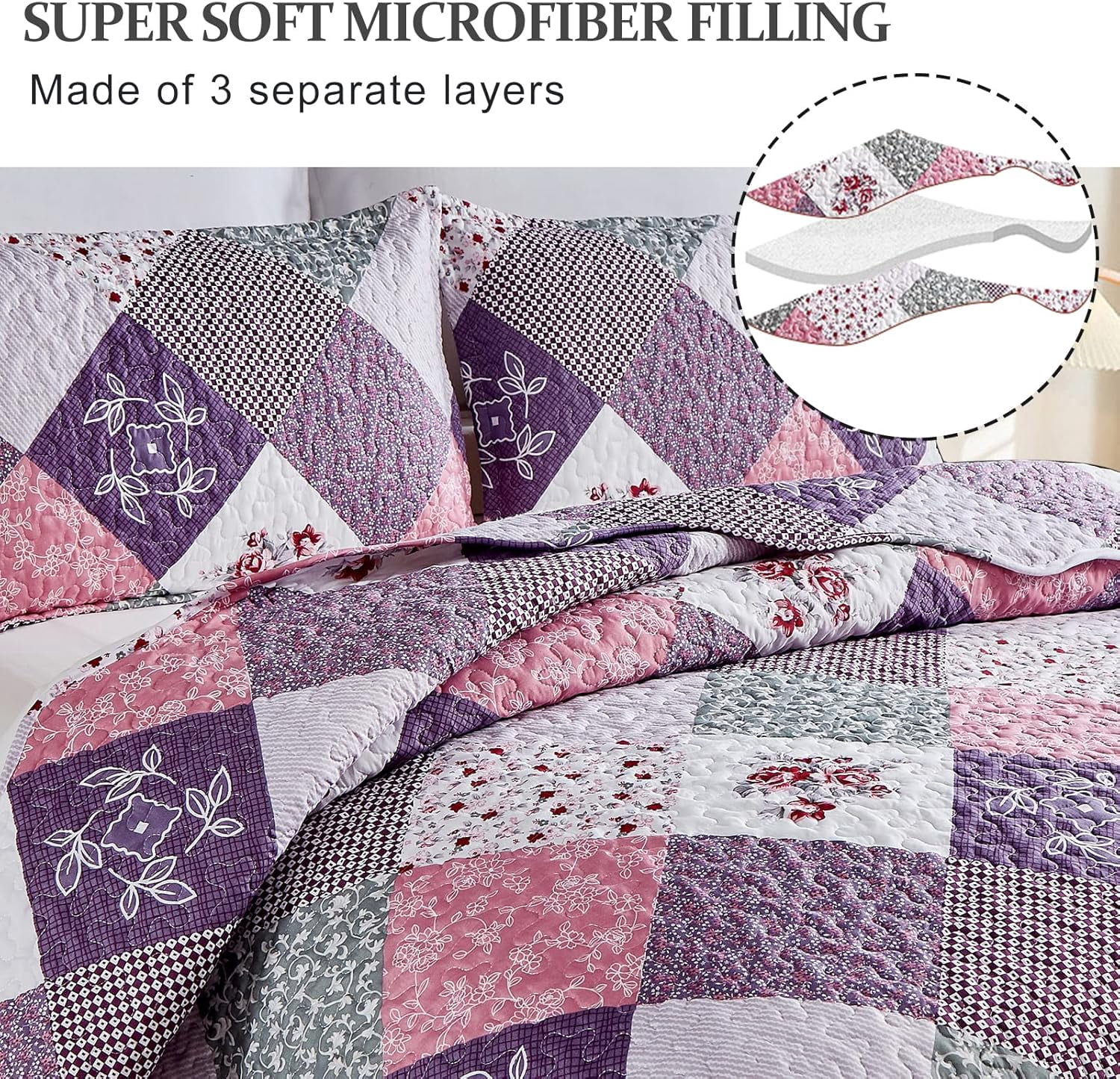 Purple Floral Plaid Quilt Set King Size Patchwork Pattern Bedding Set Bedspread Coverlet (104"x 90")