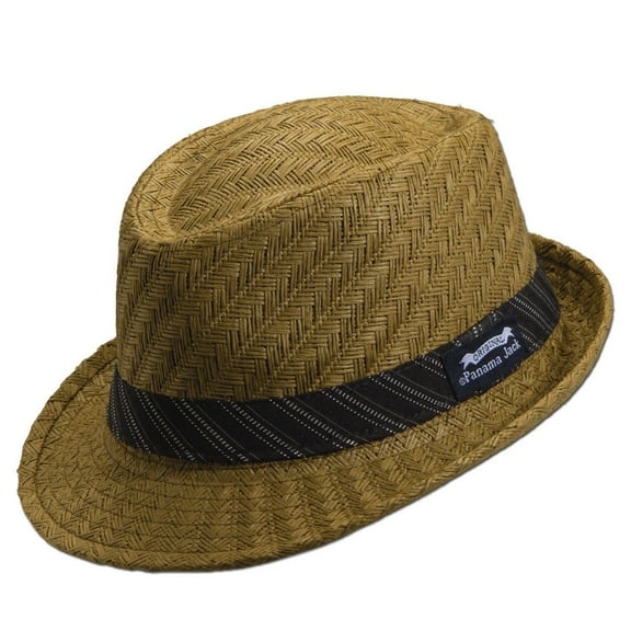 Panama Jack Weaved Toyo Fedora with Striped Black Band (Brown, Medium)