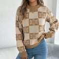 thumbnail image 2 of Women's Christmas Sweater Snowflake Checkered Knit Pullover Long Sleeve Winter Holiday Top Khaki M, 2 of 8