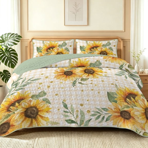 Davulos Sunflower Quilts for King Bed,3 Piece Farmhouse Floral Bedspread Coverlet Set,Reversible Bed Cover Lightweight Gingham Bedding for Cottage Bedroom Decor
