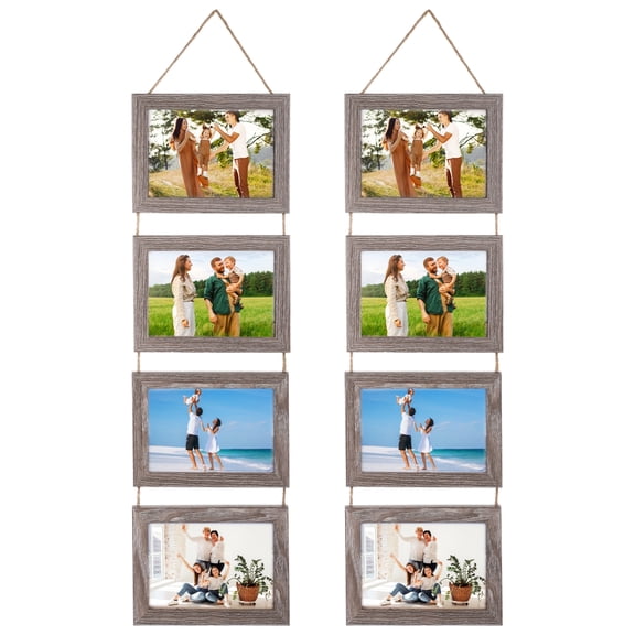 2PCS Farmhouse Wooden Hanging Photo Frames, Rustic Wall Picture Display with Jute Rope, Acrylic Panel 4-Photo Collage Frames for Living Room, Bedroom, Office, Stairs Decor