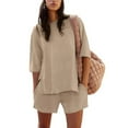 thumbnail image 4 of GILIGEGE Summer Sets Women 2 Piece Outfits Women's 2 Piece Short Sleeved Top and Elastic Waist Shorts Casual Set Matching Summer Lounge Sets Khaki Xl, 4 of 7