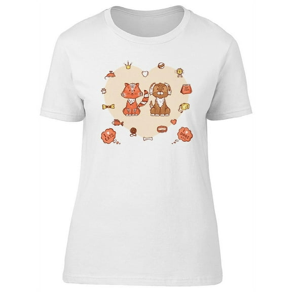 Cute Cat And Dog Together Doodle T-Shirt Women -Image by Shutterstock, Female Small
