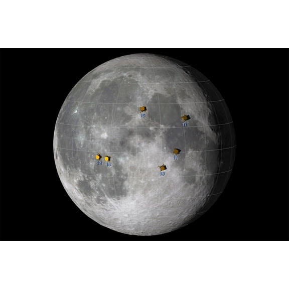 24x36 gallery poster, Apollo Moon Landing sites map