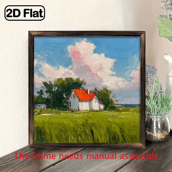 2D Flat, 1pc Rustic Farmhouse Wall Decor - Vintage White House Painting with Red Roof, Farmhouse Decoration in Recycled Wood Frame, Easy Hang Country Cottage Art for Living Room, Bedroom, Kitchen
