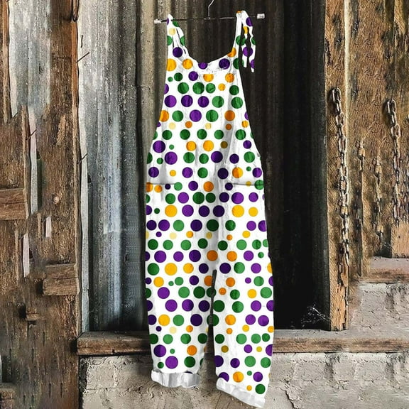 DUMUIELD Women's Casual Sleeveless Jumpsuits Mardi Gras Dressy Wide Leg Pants Rompers Carnival Parade One Piece Jumpers with Pockets