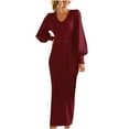 thumbnail image 2 of Styesk Robes pour Femmes Robe Chandail à Col en V pour Femmes Manches Longues Bouffantes Ajustée Moulante Automne Hiver en Tricot Côtelé Robes, 2 of 8