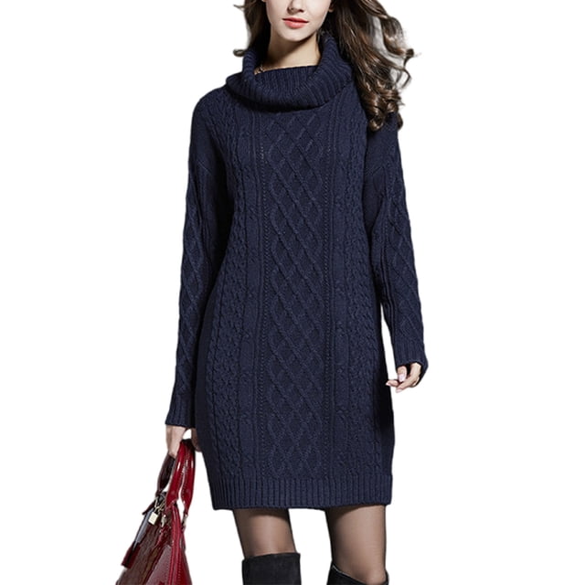 Fashnice Robe Chandail pour Femmes, Mini Robe à Enfiler, Col Roulé, Chaude, Bleu Foncé TG