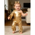 thumbnail image 5 of TTAO Toddler Girls Holographic Full Body Suit Disco Outfit Metallic Hippie Jumpsuit Sparkly Flare Pants Romper Gold 3-4, 5 of 7