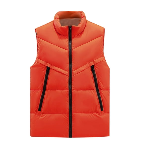 Men's Winter Vest, Solid Color Down Cotton Multi-Pocket Loose Thick Casual Coat for Outdoor Travel and Cold Weather Wear,Orange,L