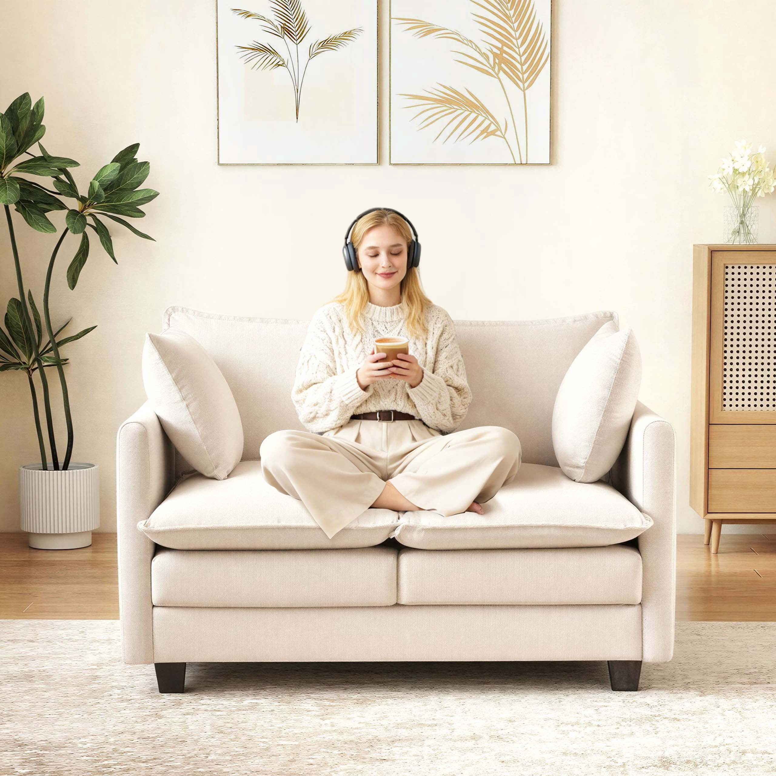 Dioepic Cloud-Comfort Deep Seat Chenille 2-Seat Small Spaces Loveseat Sofa 50” with 2 Pillows, Beige