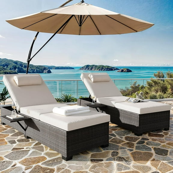 Outdoor PE Wicker Chaise Lounge Set of 2, Patio Rattan Wicker Chaise Lounge Chair, Brown Pool Lounge Chairs Adjustable Backrest Recliners with Beige Cushion