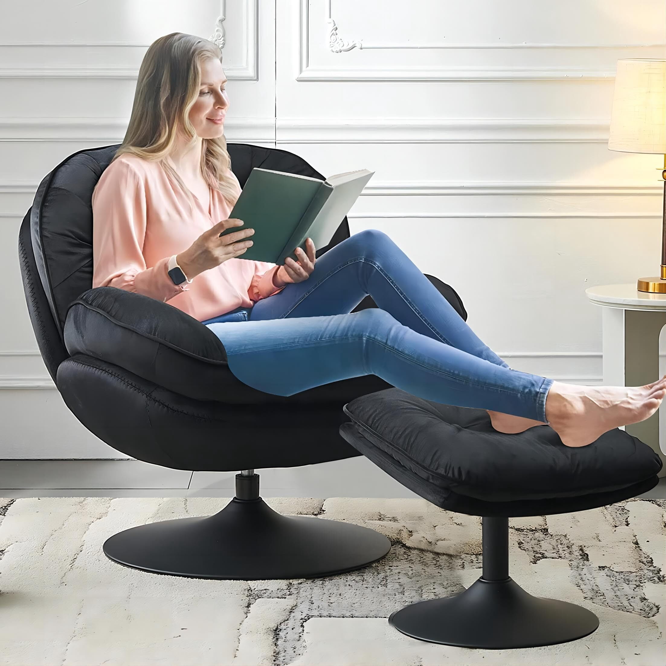 Comfort Stretch Velvet Swivel Accent Chair with Ottoman Round Reading Chair with Foot Stool Set Black