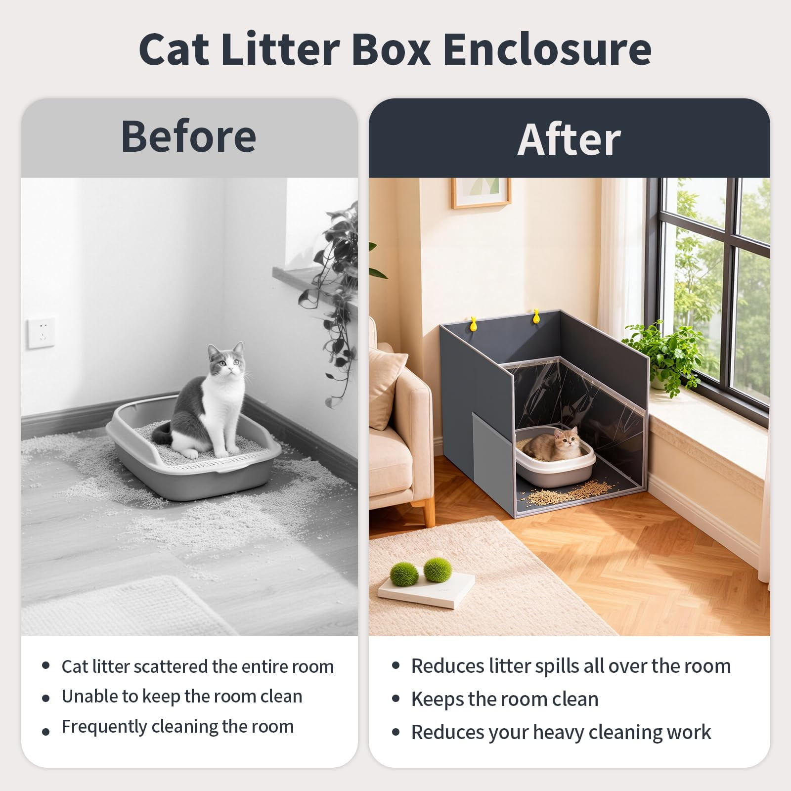 Aokeyee Cat Litter Box Enclosure Splash Guard with Removable PVC Mat Large Waterproof Litter Box Enclosure Foldable Pet Litter Box Shield with 2 Hooks