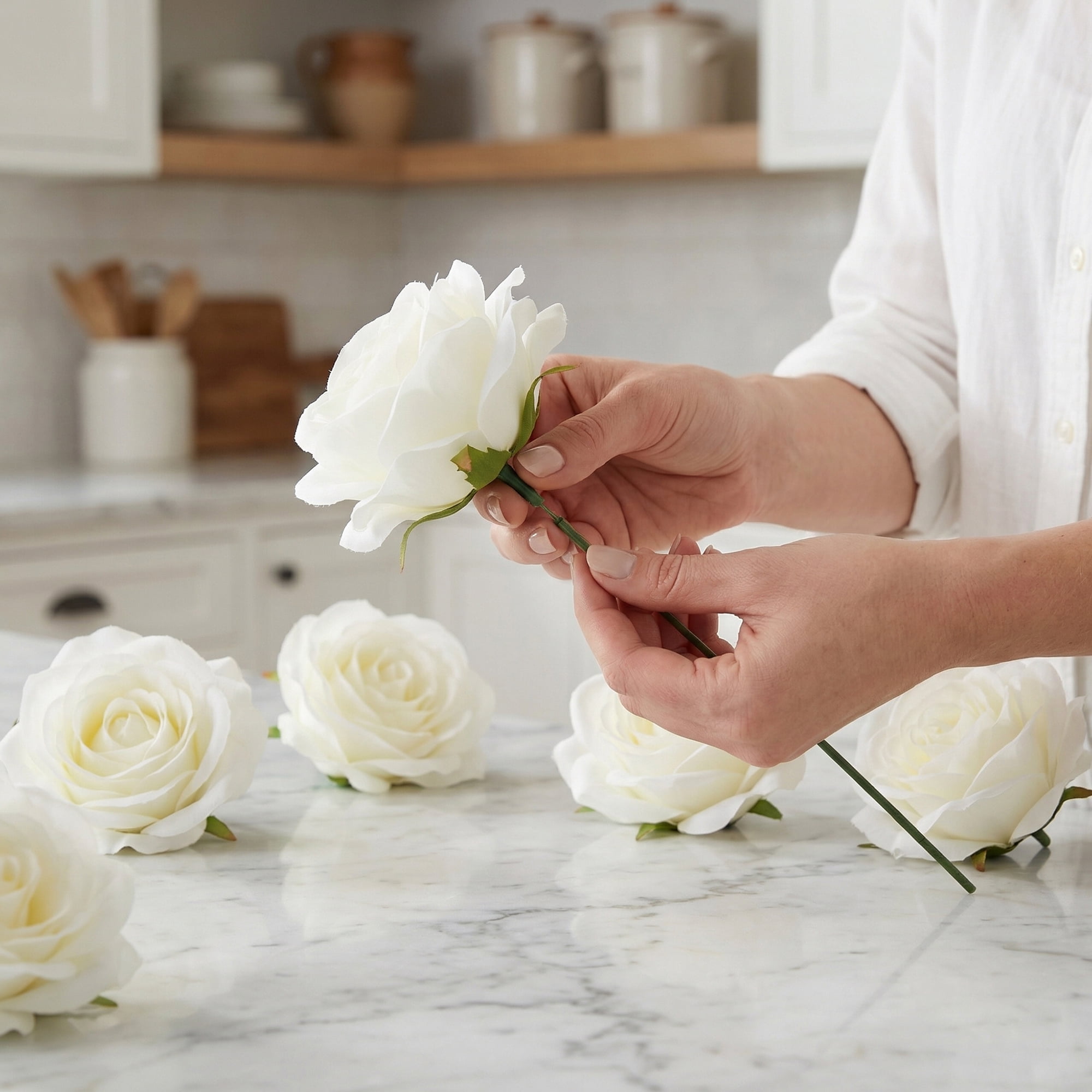 Unique Bargains Mini Craft Artificial Silk Roses Detachable Head Bouquet White 5.9 in