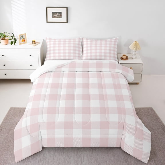 Erosebridal Geometric Plaid Bedding Twin Comforter Set,Pink White Down Comforter,Buffalo Grid Bedding Sets Twin with Comforter,Lightweight Abstract Room Decor,3pcs