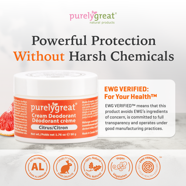 4 Pack - Purelygreat Natural Deodorant Cream - Citrus 50g Aluminum
