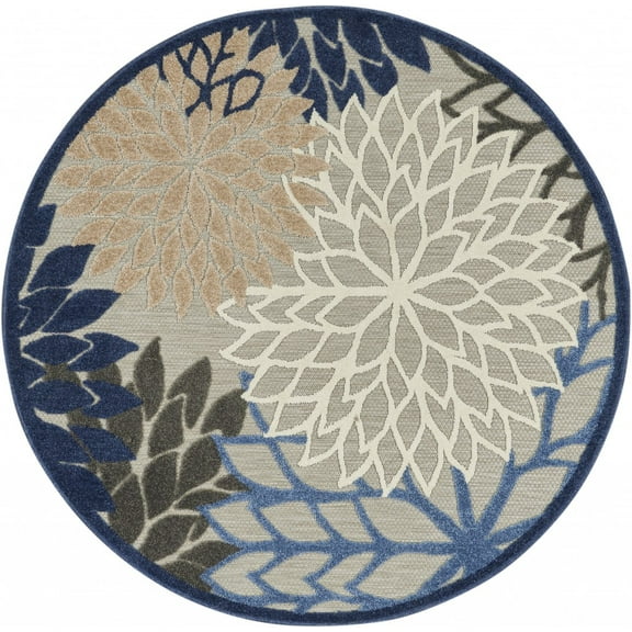 4’ Round Blue Large Floral Indoor Outdoor Area Rug