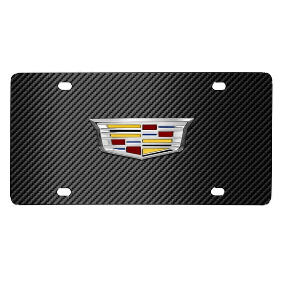 iPick Image for Cadillac Crest 3D Logo on Black Carbon Fiber Pattern Stainless Steel License Plate, Official Licensed