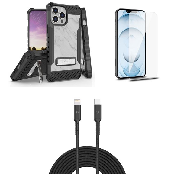 Bemz iPhone 13 Pro Max Bundle: Tri Shield Shockproof Armor Rugged Case (White Marble), Premium Glass Screen Protectors (2-Pack), USB-C to Lightning Cable (3.3ft/1m)