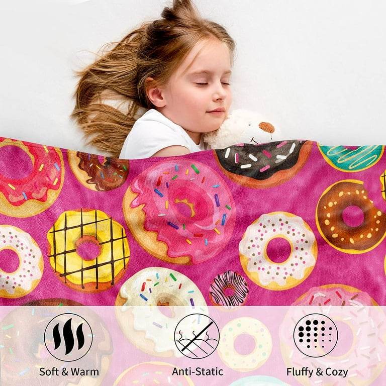 Donut Throw Blanket for Girls Pink Chocolate Donuts Blanket Food Blanket for Kids Teens Adults Lightweight Fleece Blanket for Home Decor Bed Couch
