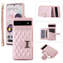 for Google Pixel 6a Detachable Shoulder Strap Wallet Case, with Card Slots & 360-degree Rotation Stand Ring Flip Premium PU Leather Protective Cover Lanyard for Women Girls, Rosegold