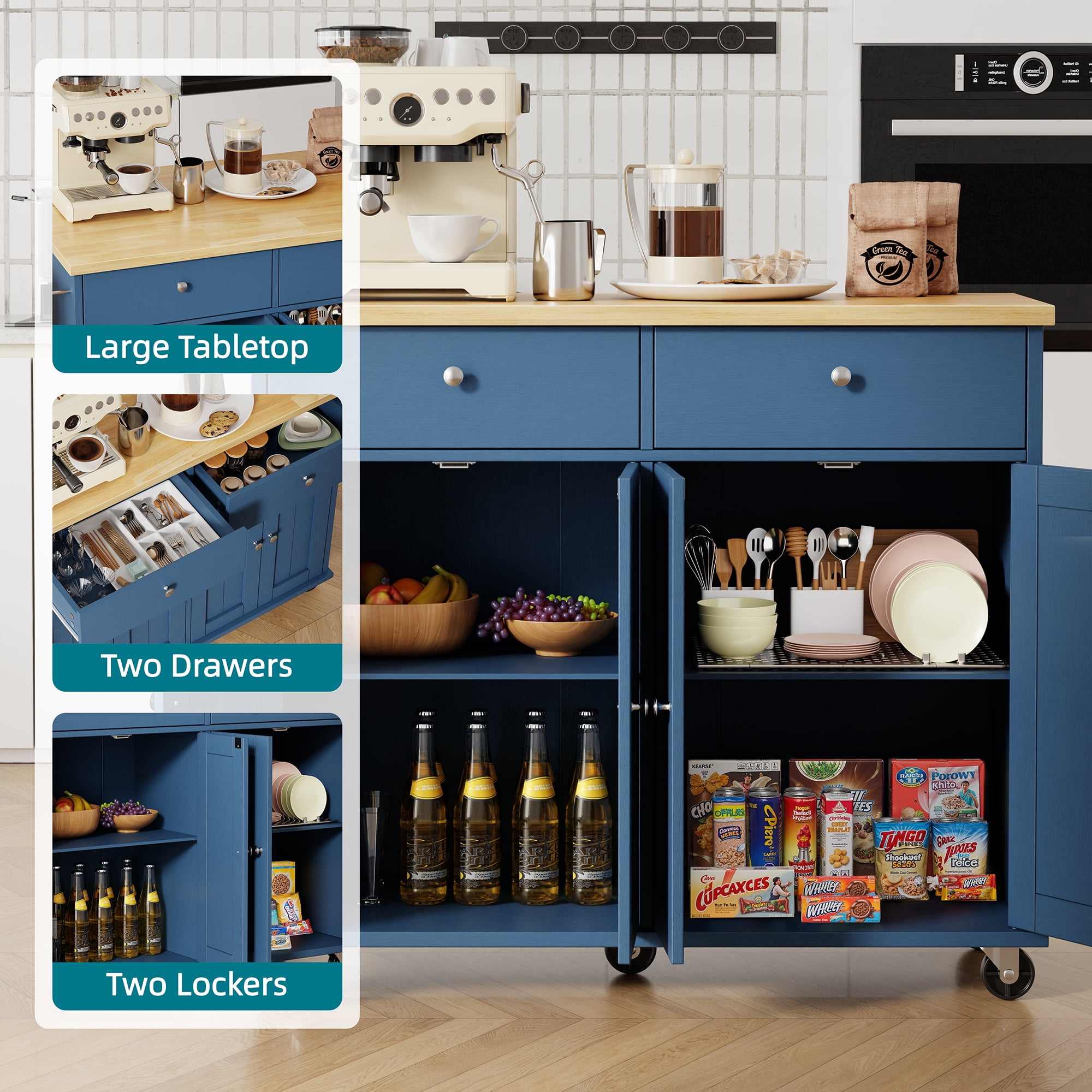 Walsunny Kitchen Islands Carts with Drop Leaf Table 2 Drawers 5 Wheels 4 Magnetic Doors Rolling Storage Cabinet Blue