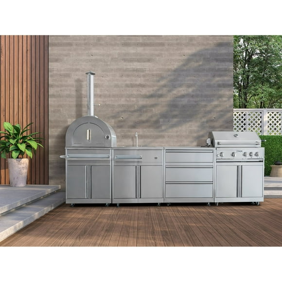 Thor Kitchen 4-Piece Modular Outdoor Kitchen Island with Liquid Propane BBQ, Wood fuel Pizza Oven, Sink & 3-Drawer Cabinet