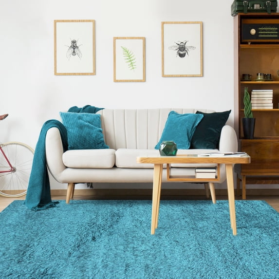 Elegant and Plush Hand-Woven Solid Shag Indoor High Traffic Area Rug by Blue Nile Mills - 8' x 10', Cyan