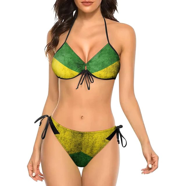 NICKSUN Women's Jamaica Flag Print Bikini Set, 2 Piece Swimsuits String Halter Triangle Bathing Suits