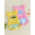 thumbnail image 3 of BemeyourBBs Toddler Baby Girls Summer Clothes 2 Piece Outfits Baby Christening Clothes God Is Good All the Time Letter Bow Embroidery Flying Sleeve T Shirt Tops and Ruffle Shorts Set, 3 of 9