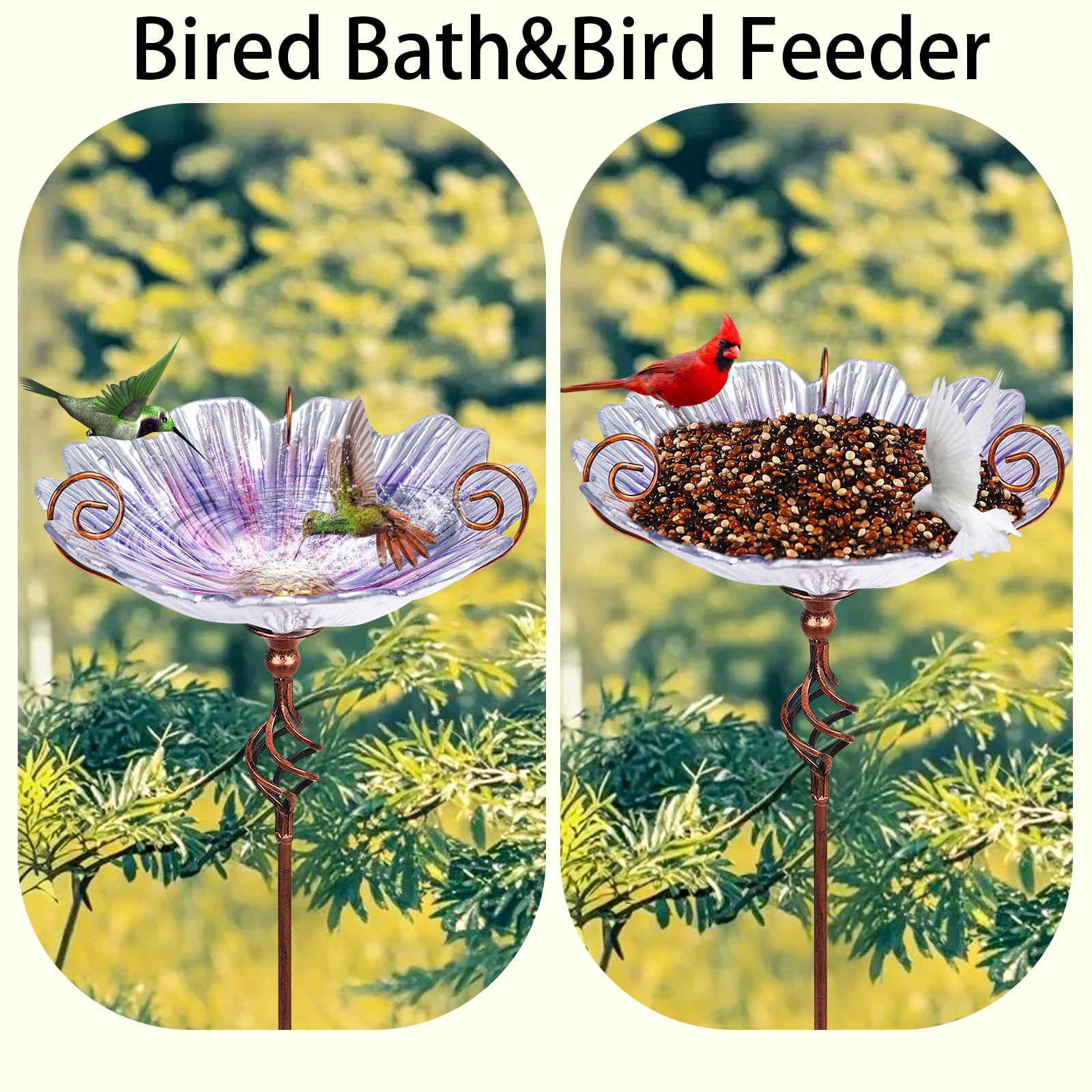 Bird Baths,Glass Birdbath with Metal Stand Purple Flower Birdbath Attracting Birds Suit for Garden Lawn Yard Decor