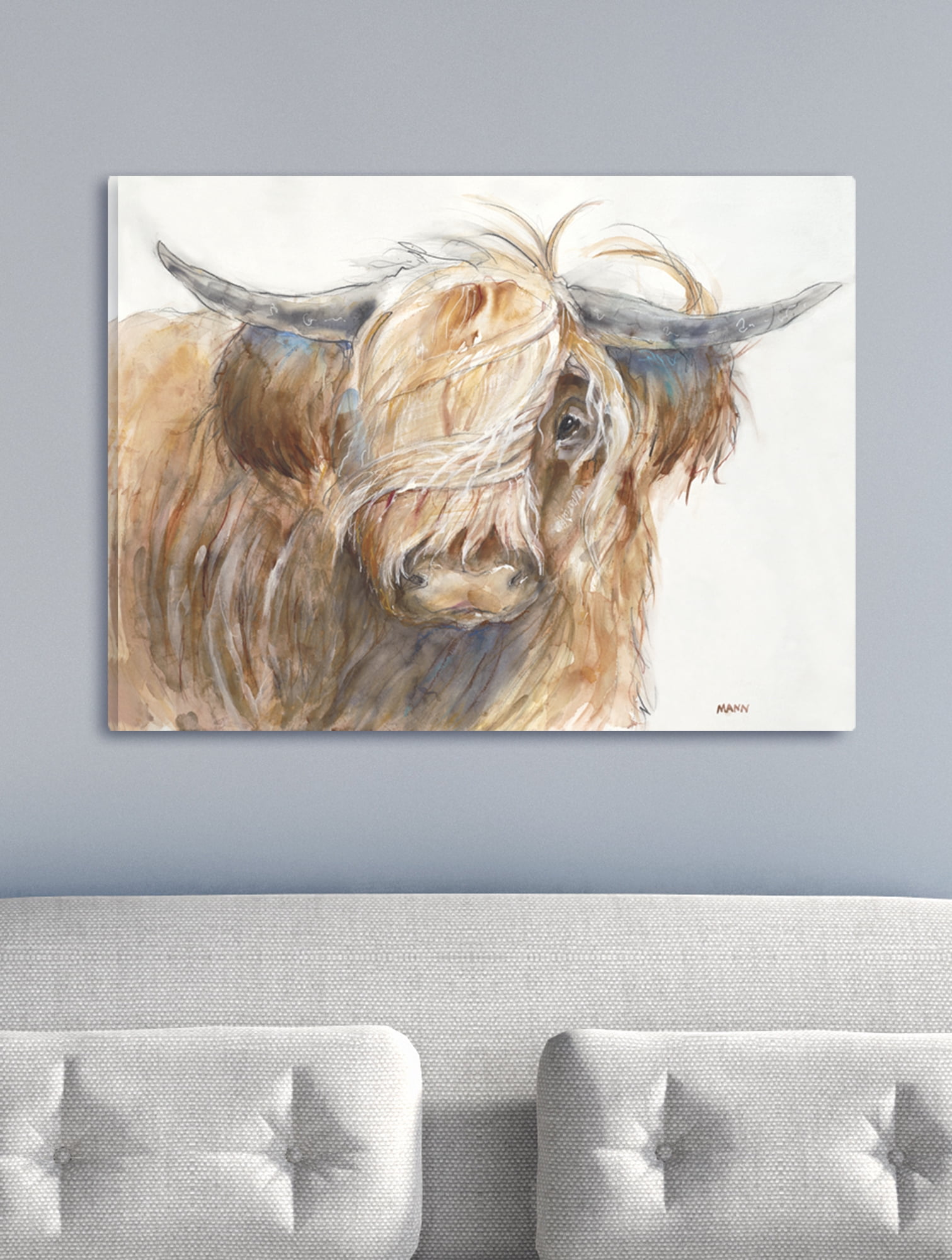 The Stupell Home Decor Collection Brown Horned Bull with Wind Swept Long Hair Painting XXL Stretched Canvas Wall Art, 30 x 1.5 x 40