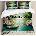 thumbnail image 1 of Quote Duvet Cover Set King Size, Dream On Lettering on Idyllic Zen Themed Boat on a River Spring Season Photograph, Decorative 3 Piece Bedding Set with 2 Pillow Shams, Multicolor, by Ambesonne, 1 of 3