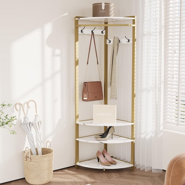 Bingirl Corner Coat Rack with Shoe Bench Entryway Corner Hall Tree with 6 Double Hooks Corner Clothes Rack with Storage Corner Tree with Organizer Shoe Bench Shelf for Entryway Hallway Closet