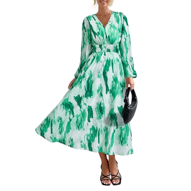 Vestido PRETTYGARDEN Floral Midi con Escote en V y Mangas Largas Verde M