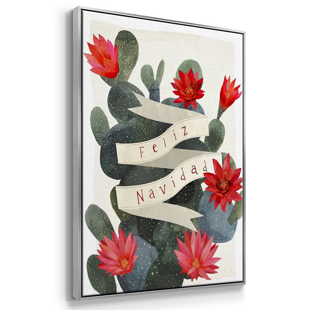 Desert Christmas Cactus I - Framed Gallery Wrapped Holiday Canvas - 25 x 37 - Silver Frame