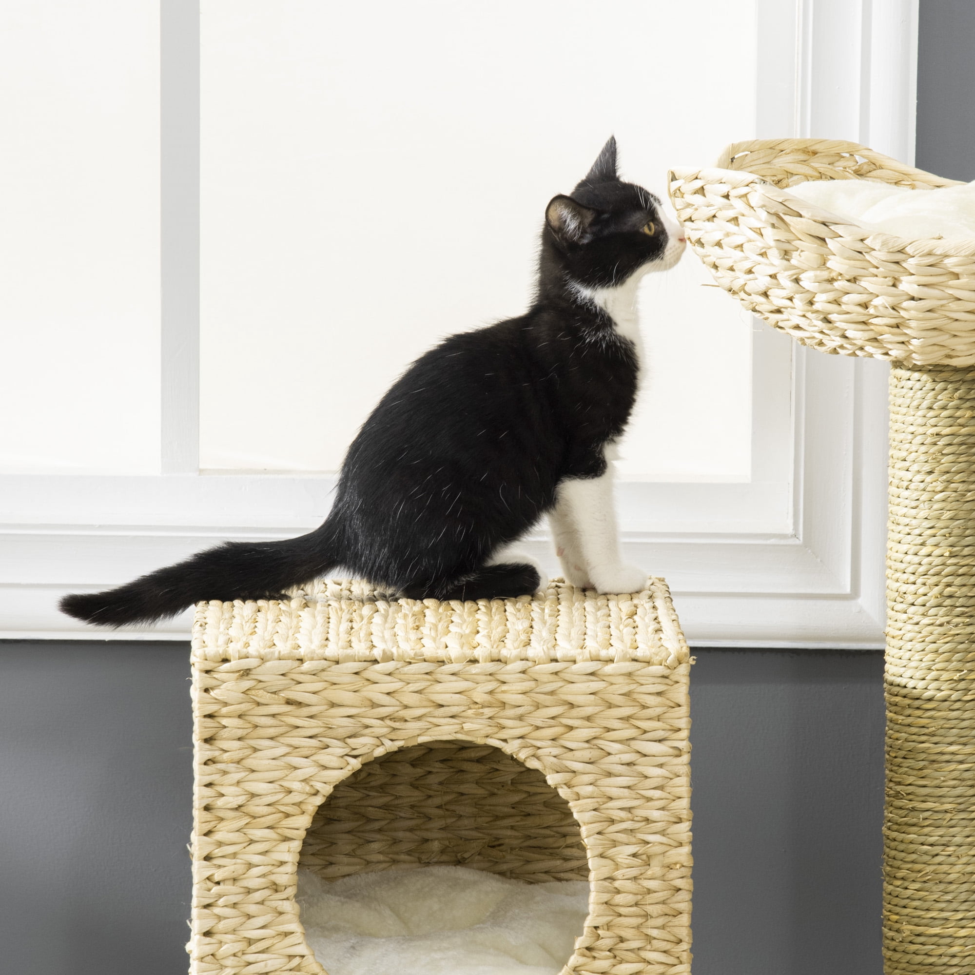 PawHut Cattail Weave Cat Tree for Indoor Cats with Rattan Cat Condo, Bed