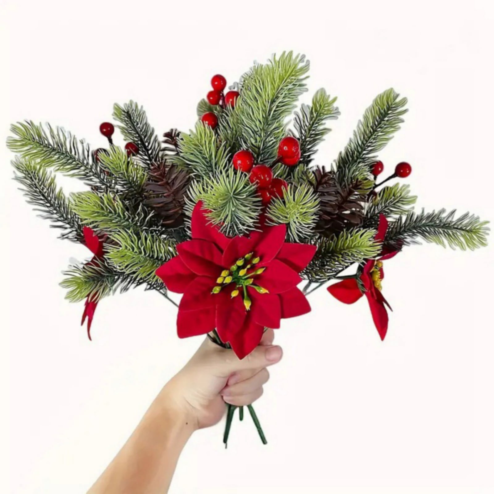 8PCS Artificial Christmas Floral Pine Cones Red Fake Berry Picks Stems Flowers Bouquet Holly Holiday Floral Picks for Xmas Tree Party Decoration DIY Indoor Table Centerpieces