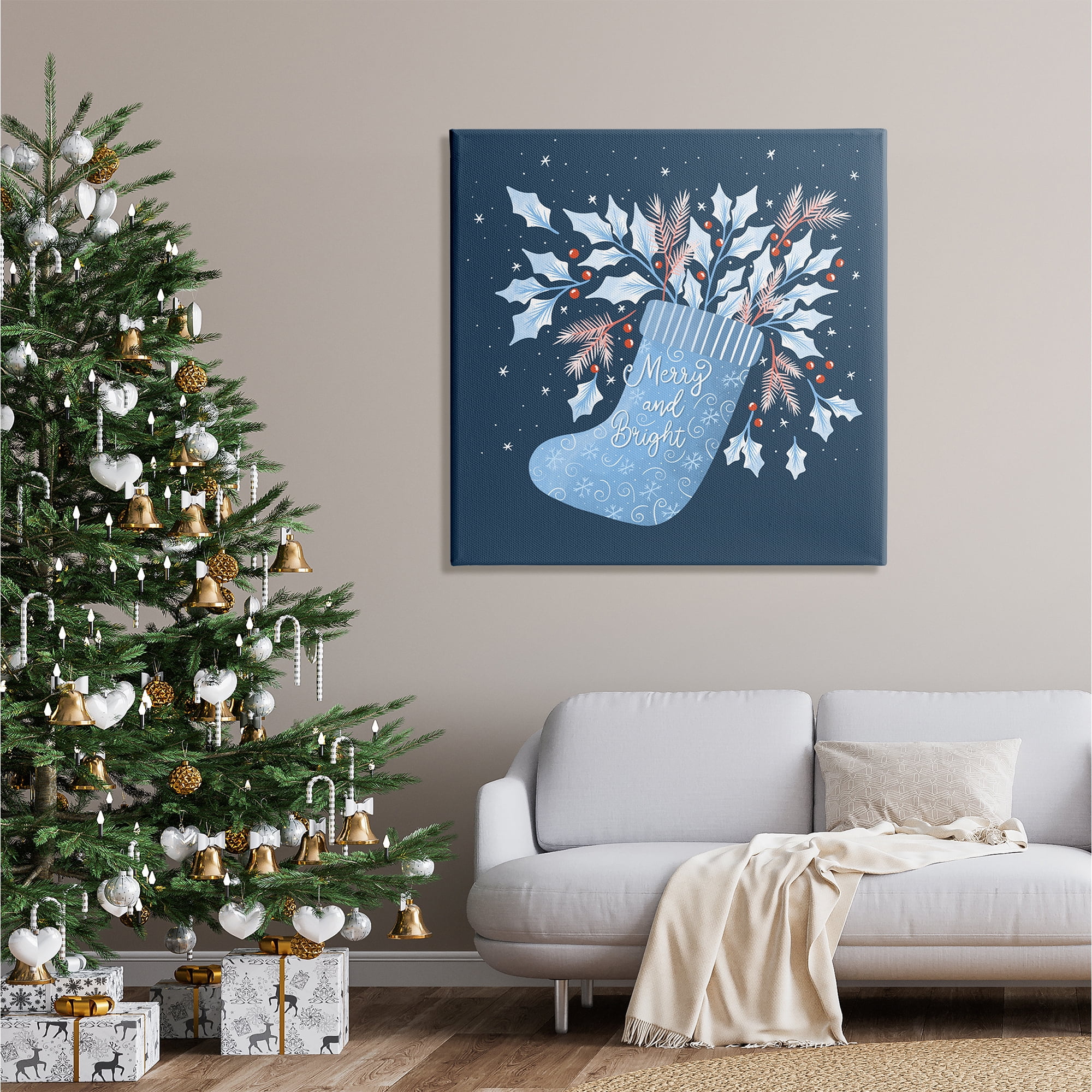 Stupell Industries Merry & Bright Seasonal Holly Berry Sprigs Stocking Graphic Art Gallery Wrapped Canvas Print Wall Art, Design by Dominika Godette