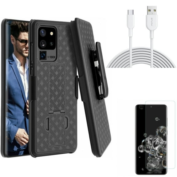 Case Belt Clip w Screen Protector w 6ft USB-C Cable for Samsung Galaxy S20 Ultra - Holster Swivel Cover, Tempered Glass [Fingerprint Unlock] 3D Curved Edge, Type-C Fast Charger fits Galaxy S20 Ultra