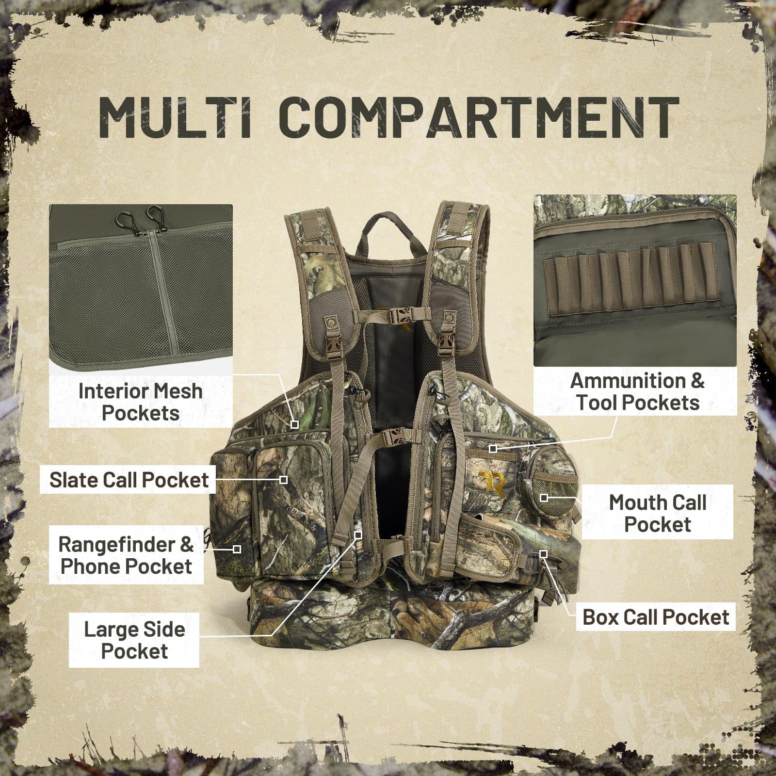 TR Turkey Vest with Seat,Turkey Hunting Vest Lightweight Run & Gun with Game Pouch, Multi-Pocket Hunting Vest with Thick Seat, for Mobile Hunters Men Women Camo