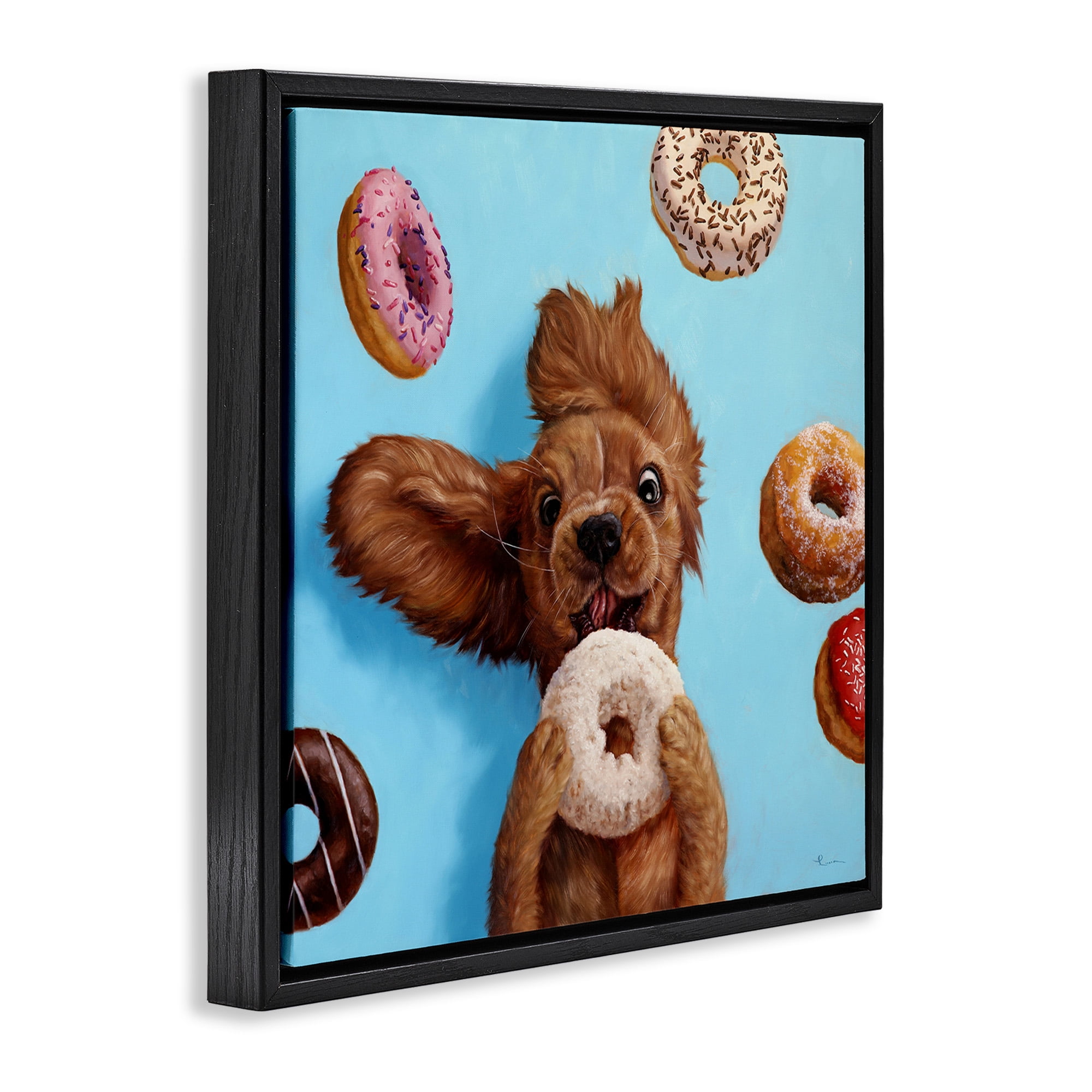 Stupell Industries Funny Dog Licking Donut Animals & Insects Painting Black Floater Framed Canvas Art Print Wall Art, 25 x 25