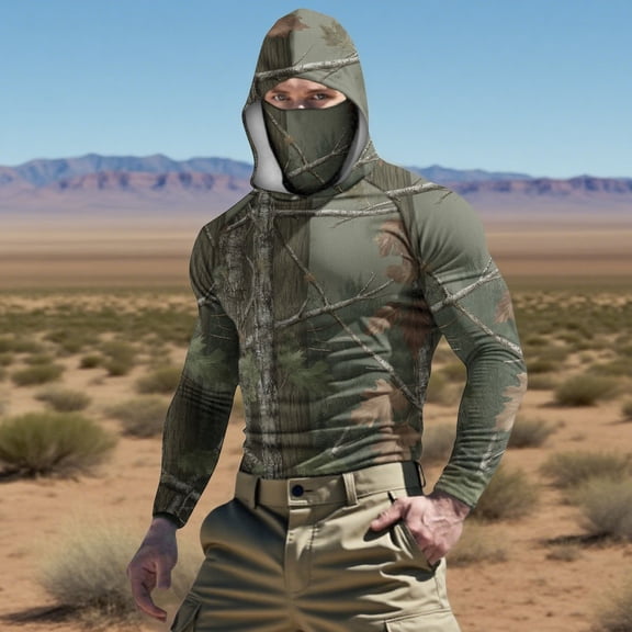 Qgtaibl Men's Fishing Hoodies Performance Long Sleeve Hooded Shirts with Face Cover Breathable Summer S Sun Protection UV T-Shirt Outdoor Hiking Camo Tops (001 Camouflage)