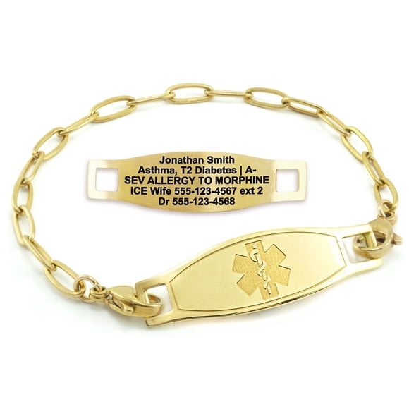 MedicEngraved Bracelet d'Alerte Médicale Personnalisé en Acier Inoxydable Or Jaune - Maillon Trombone 4 mm