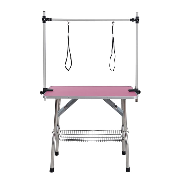 36" Folding Dog Grooming Table - Stainless Steel Frame with Rubber Mat, Adjustable Arm, and Clamps - Pink