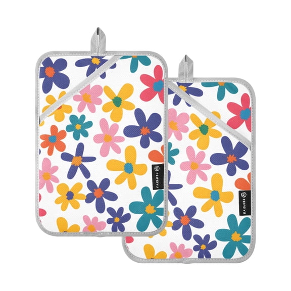 Colorful Flower Drawing Oven Mitts 2 Pcs Pot Holders Sets Heat Resistant for Kitchen Cooking Baking 7"x9.8"